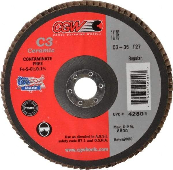 Camel Grinding Wheels - 36 Grit, 7" Disc Diam, 7/8" Center Hole, Type 27 Ceramic Flap Disc - 8,600 Max RPM, Polyester Backing, Arbor Attaching System, Coated - Industrial Tool & Supply