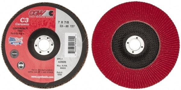 Camel Grinding Wheels - 80 Grit, 7" Disc Diam, 7/8" Center Hole, Type 27 Ceramic Flap Disc - 8,600 Max RPM, Polyester Backing, Arbor Attaching System, Coated - Industrial Tool & Supply