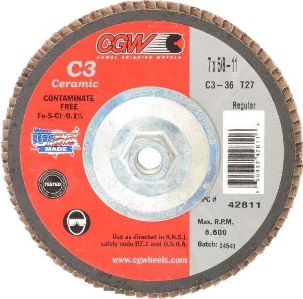 Camel Grinding Wheels - 36 Grit, 7" Disc Diam, 5/8-11 Center Hole, Type 27 Ceramic Flap Disc - 8,600 Max RPM, Polyester Backing, Arbor Attaching System, Coated - Industrial Tool & Supply