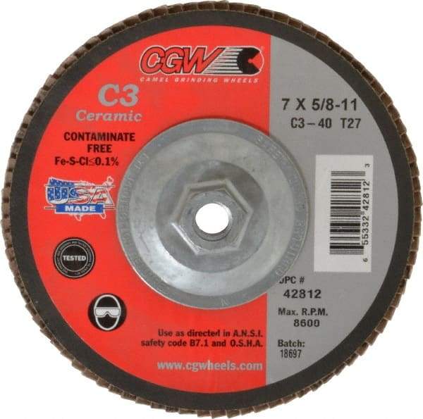 Camel Grinding Wheels - 40 Grit, 7" Disc Diam, 5/8-11 Center Hole, Type 27 Ceramic Flap Disc - 8,600 Max RPM, Polyester Backing, Arbor Attaching System, Coated - Industrial Tool & Supply