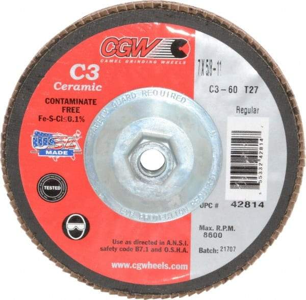 Camel Grinding Wheels - 60 Grit, 7" Disc Diam, 5/8-11 Center Hole, Type 27 Ceramic Flap Disc - 8,600 Max RPM, Polyester Backing, Arbor Attaching System, Coated - Industrial Tool & Supply