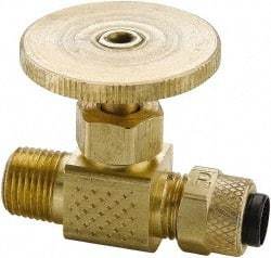 Parker - 1/4" Pipe, Inline Needle Valve - Poly-Tite x MNPTF Ends, Brass Valve, 150 Max psi - Industrial Tool & Supply