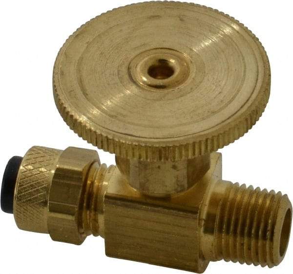 Parker - 1/4 x 1/8" Pipe, Inline Needle Valve - Poly-Tite x MNPTF Ends, Brass Valve, 150 Max psi - Industrial Tool & Supply