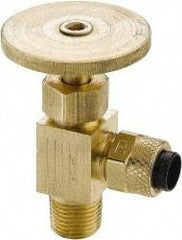 Parker - 1/4" Pipe, Angled Needle Valve - Poly-Tite x MNPTF Ends, Brass Valve, 150 Max psi - Industrial Tool & Supply