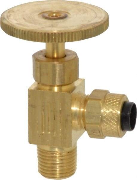 Parker - 1/4 x 1/8" Pipe, Angled Needle Valve - Poly-Tite x MNPTF Ends, Brass Valve, 150 Max psi - Industrial Tool & Supply
