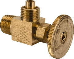 Parker - 3/8 x 1/4" Pipe, Angled Needle Valve - Poly-Tite x MNPTF Ends, Brass Valve, 150 Max psi - Industrial Tool & Supply