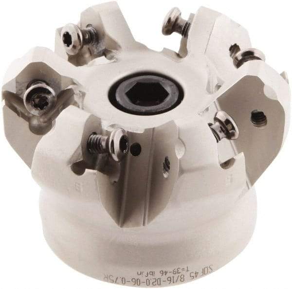 Iscar - 2" Cut Diam, 3/4" Arbor Hole, 0.138" Max Depth of Cut, 45° Indexable Chamfer & Angle Face Mill - 6 Inserts, ONHU 0505\xB6OXMT 0507\xB6S845 SN.U 1305 Insert, Right Hand Cut, 6 Flutes, Series Helido - Industrial Tool & Supply