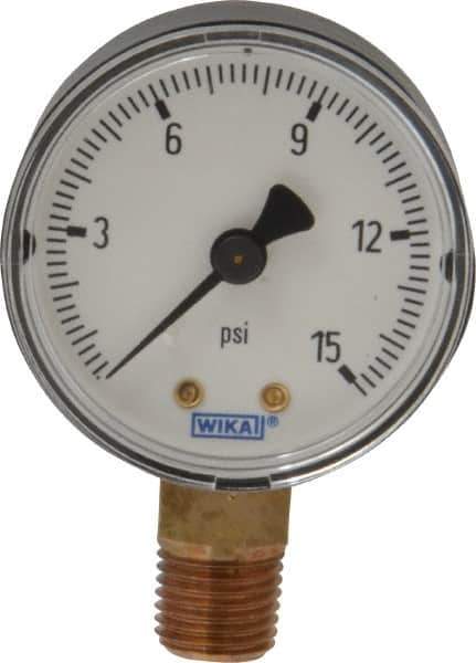 Wika - 2" Dial, 1/4 Thread, 0-15 Scale Range, Pressure Gauge - Lower Connection Mount, Accurate to 3-2-3% of Scale - Industrial Tool & Supply