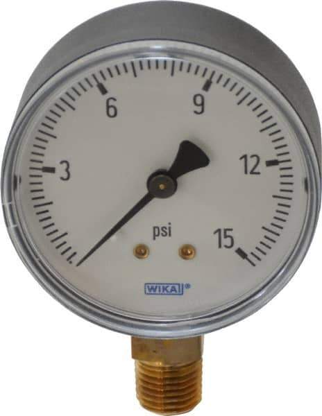 Wika - 2-1/2" Dial, 1/4 Thread, 0-15 Scale Range, Pressure Gauge - Lower Connection Mount, Accurate to 3-2-3% of Scale - Industrial Tool & Supply