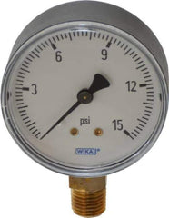 Wika - 2-1/2" Dial, 1/4 Thread, 0-15 Scale Range, Pressure Gauge - Lower Connection Mount, Accurate to 3-2-3% of Scale - Industrial Tool & Supply