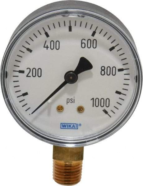 Wika - 2-1/2" Dial, 1/4 Thread, 0-1,000 Scale Range, Pressure Gauge - Lower Connection Mount, Accurate to 3-2-3% of Scale - Industrial Tool & Supply