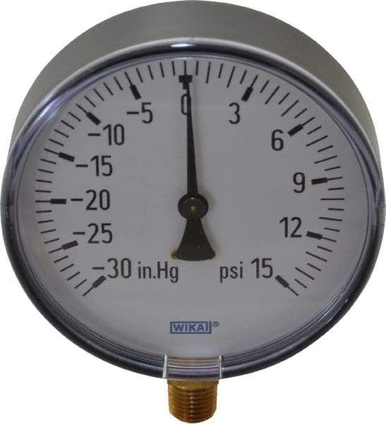Wika - 4" Dial, 1/4 Thread, 30-0-15 Scale Range, Pressure Gauge - Lower Connection Mount, Accurate to 3-2-3% of Scale - Industrial Tool & Supply