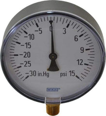Wika - 4" Dial, 1/4 Thread, 30-0-15 Scale Range, Pressure Gauge - Lower Connection Mount, Accurate to 3-2-3% of Scale - Industrial Tool & Supply