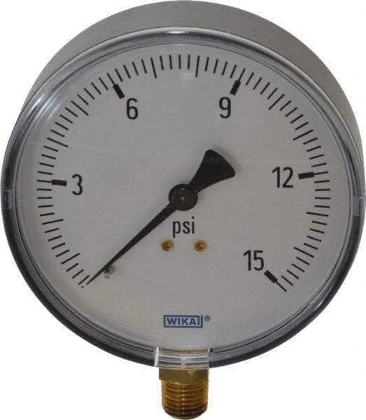 Wika - 4" Dial, 1/4 Thread, 0-15 Scale Range, Pressure Gauge - Lower Connection Mount, Accurate to 3-2-3% of Scale - Industrial Tool & Supply