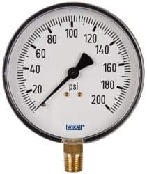 Wika - 4" Dial, 1/4 Thread, 0-200 Scale Range, Pressure Gauge - Lower Connection Mount, Accurate to 3-2-3% of Scale - Industrial Tool & Supply