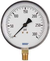 Wika - 4" Dial, 1/4 Thread, 0-300 Scale Range, Pressure Gauge - Lower Connection Mount, Accurate to 3-2-3% of Scale - Industrial Tool & Supply