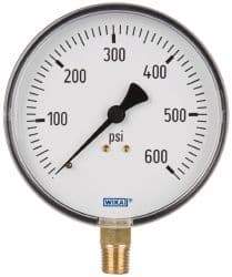 Wika - 4" Dial, 1/4 Thread, 0-600 Scale Range, Pressure Gauge - Lower Connection Mount, Accurate to 3-2-3% of Scale - Industrial Tool & Supply