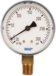 Wika - 2-1/2" Dial, 1/4 Thread, 30-0-300 Scale Range, Pressure Gauge - Lower Connection Mount, Accurate to 3-2-3% of Scale - Industrial Tool & Supply