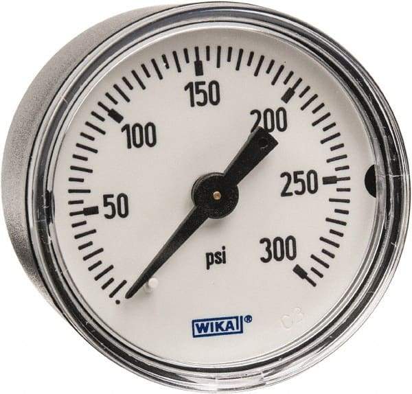 Wika - 1-1/2" Dial, 1/8 Thread, 0-300 Scale Range, Pressure Gauge - Center Back Connection Mount, Accurate to 3-2-3% of Scale - Industrial Tool & Supply