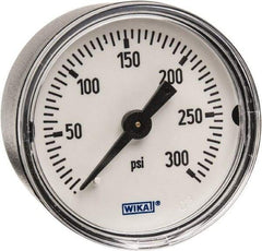 Wika - 1-1/2" Dial, 1/8 Thread, 0-300 Scale Range, Pressure Gauge - Center Back Connection Mount, Accurate to 3-2-3% of Scale - Industrial Tool & Supply