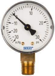 Wika - 2" Dial, 1/4 Thread, 30-0-30 Scale Range, Pressure Gauge - Lower Connection Mount, Accurate to 3-2-3% of Scale - Industrial Tool & Supply