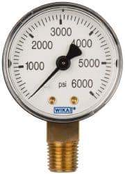 Wika - 2" Dial, 1/4 Thread, 0-6,000 Scale Range, Pressure Gauge - Lower Connection Mount, Accurate to 3-2-3% of Scale - Industrial Tool & Supply