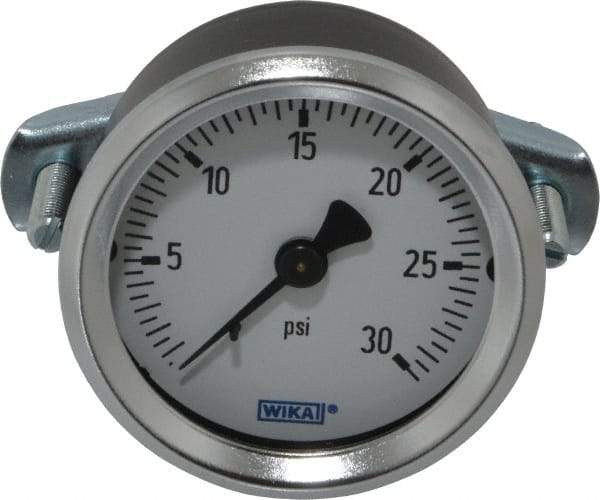 Wika - 2" Dial, 1/4 Thread, 0-30 Scale Range, Pressure Gauge - U-Clamp Panel Mount, Center Back Connection Mount, Accurate to 3-2-3% of Scale - Industrial Tool & Supply