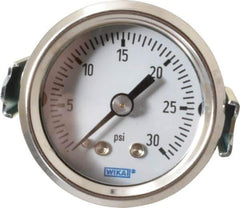 Wika - 1-1/2" Dial, 1/8 Thread, 0-30 Scale Range, Pressure Gauge - U-Clamp Panel Mount, Center Back Connection Mount, Accurate to 3-2-3% of Scale - Industrial Tool & Supply