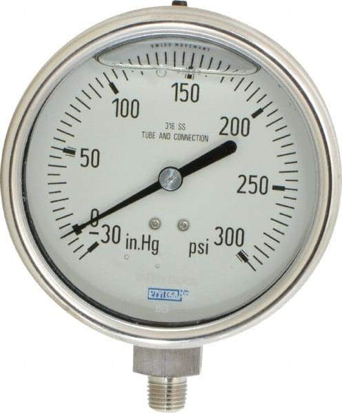 Wika - 4" Dial, 1/4 Thread, 30-0-300 Scale Range, Pressure Gauge - Lower Connection Mount, Accurate to 1% of Scale - Industrial Tool & Supply