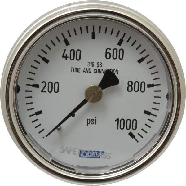 Wika - 2-1/2" Dial, 1/4 Thread, 0-1,000 Scale Range, Pressure Gauge - Center Back Connection Mount, Accurate to 2-1-2% of Scale - Industrial Tool & Supply