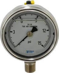 Wika - 2-1/2" Dial, 1/4 Thread, 0-15 Scale Range, Pressure Gauge - Lower Connection Mount, Accurate to 2-1-2% of Scale - Industrial Tool & Supply