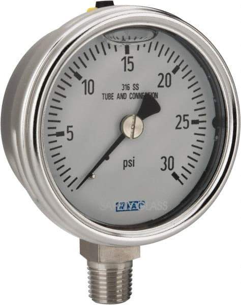 Wika - 2-1/2" Dial, 1/4 Thread, 0-30 Scale Range, Pressure Gauge - Lower Connection Mount, Accurate to 2-1-2% of Scale - Industrial Tool & Supply