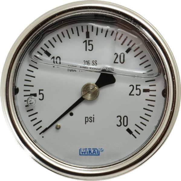 Wika - 2-1/2" Dial, 1/4 Thread, 0-30 Scale Range, Pressure Gauge - Center Back Connection Mount, Accurate to 2-1-2% of Scale - Industrial Tool & Supply