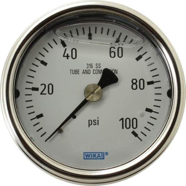 Wika - 2-1/2" Dial, 1/4 Thread, 0-100 Scale Range, Pressure Gauge - Center Back Connection Mount, Accurate to 2-1-2% of Scale - Industrial Tool & Supply