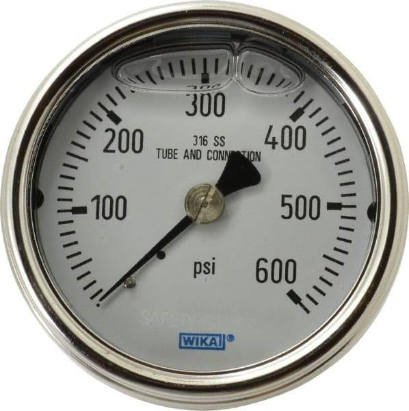 Wika - 2-1/2" Dial, 1/4 Thread, 0-600 Scale Range, Pressure Gauge - Center Back Connection Mount, Accurate to 2-1-2% of Scale - Industrial Tool & Supply