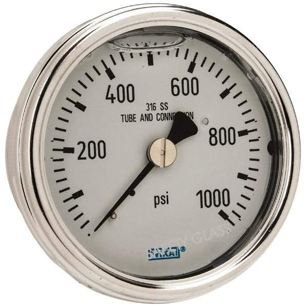 Wika - 2-1/2" Dial, 1/4 Thread, 0-1,000 Scale Range, Pressure Gauge - Center Back Connection Mount, Accurate to 2-1-2% of Scale - Industrial Tool & Supply