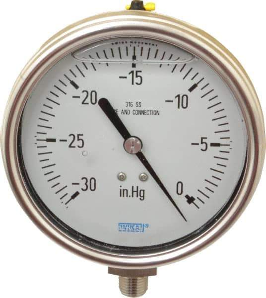 Wika - 4" Dial, 1/4 Thread, 30-0 Scale Range, Pressure Gauge - Lower Connection Mount, Accurate to 1% of Scale - Industrial Tool & Supply
