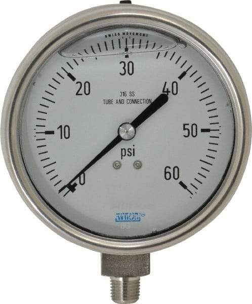 Wika - 4" Dial, 1/4 Thread, 0-60 Scale Range, Pressure Gauge - Lower Connection Mount, Accurate to 1% of Scale - Industrial Tool & Supply