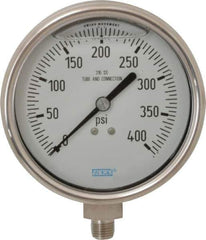 Wika - 4" Dial, 1/4 Thread, 0-400 Scale Range, Pressure Gauge - Lower Connection Mount, Accurate to 1% of Scale - Industrial Tool & Supply