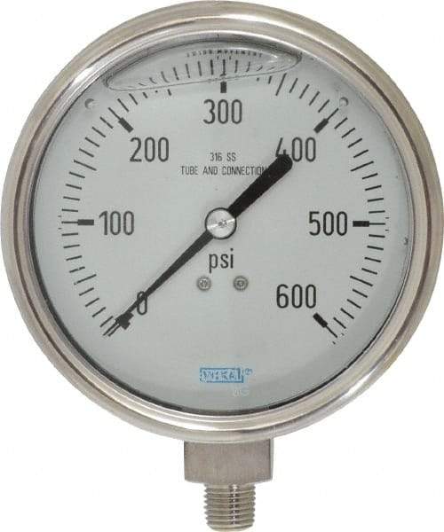 Wika - 4" Dial, 1/4 Thread, 0-600 Scale Range, Pressure Gauge - Lower Connection Mount, Accurate to 1% of Scale - Industrial Tool & Supply