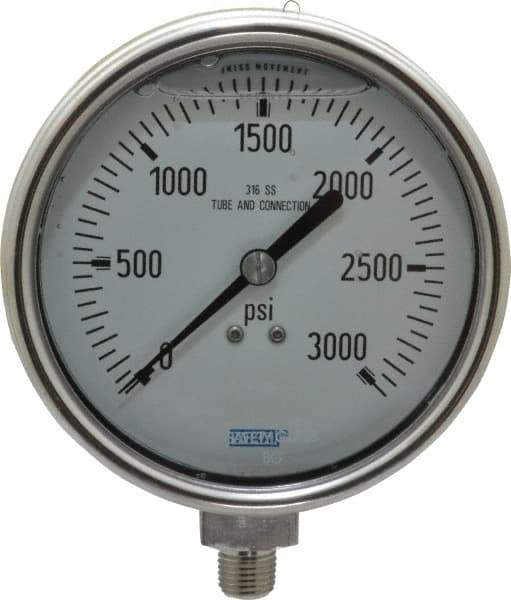 Wika - 4" Dial, 1/4 Thread, 0-3,000 Scale Range, Pressure Gauge - Lower Connection Mount, Accurate to 1% of Scale - Industrial Tool & Supply