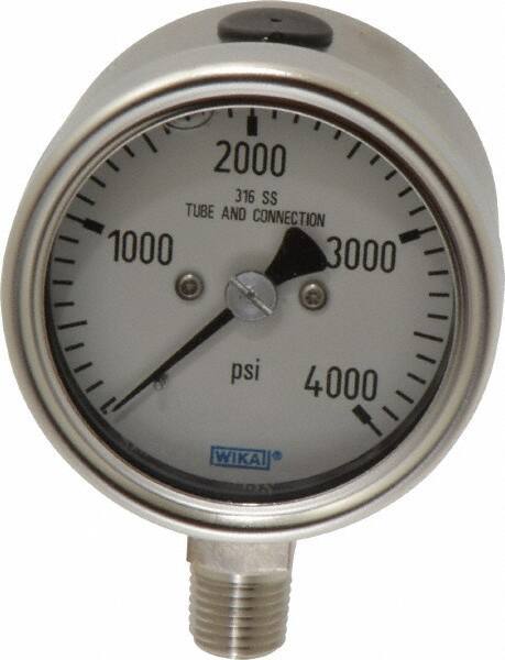Wika - 2-1/2" Dial, 1/4 Thread, 0-4,000 Scale Range, Pressure Gauge - Lower Connection Mount, Accurate to 2-1-2% of Scale - Industrial Tool & Supply