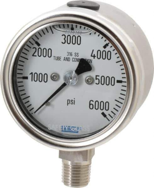 Wika - 2-1/2" Dial, 1/4 Thread, 0-6,000 Scale Range, Pressure Gauge - Lower Connection Mount, Accurate to 2-1-2% of Scale - Industrial Tool & Supply