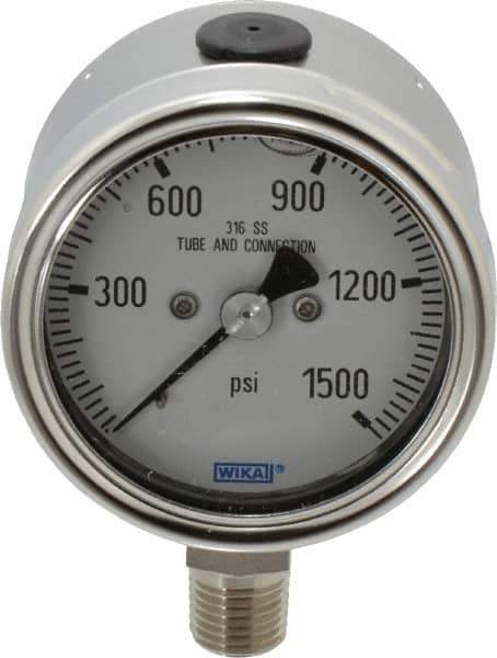 Wika - 2-1/2" Dial, 1/4 Thread, 0-1,500 Scale Range, Pressure Gauge - Lower Connection Mount, Accurate to 2-1-2% of Scale - Industrial Tool & Supply