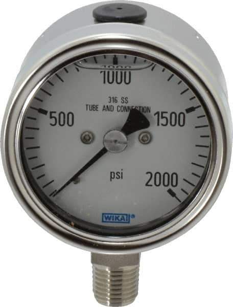 Wika - 2-1/2" Dial, 1/4 Thread, 0-2,000 Scale Range, Pressure Gauge - Lower Connection Mount, Accurate to 2-1-2% of Scale - Industrial Tool & Supply