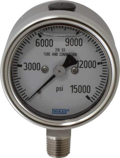 Wika - 2-1/2" Dial, 1/4 Thread, 0-15,000 Scale Range, Pressure Gauge - Lower Connection Mount, Accurate to 2-1-2% of Scale - Industrial Tool & Supply
