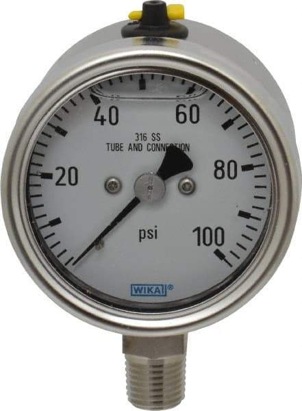 Wika - 2-1/2" Dial, 1/4 Thread, 100 Scale Range, Pressure Gauge - Lower Connection Mount, Accurate to 2-1-2% of Scale - Industrial Tool & Supply