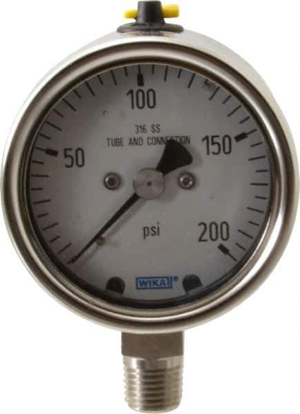 Wika - 2-1/2" Dial, 1/4 Thread, 200 Scale Range, Pressure Gauge - Lower Connection Mount, Accurate to 2-1-2% of Scale - Industrial Tool & Supply