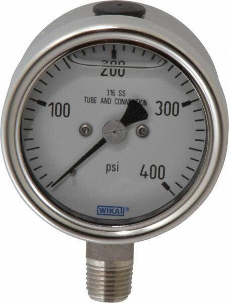 Wika - 2-1/2" Dial, 1/4 Thread, 400 Scale Range, Pressure Gauge - Lower Connection Mount, Accurate to 2-1-2% of Scale - Industrial Tool & Supply