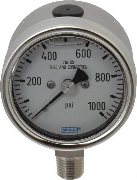 Wika - 2-1/2" Dial, 1/4 Thread, 1,000 Scale Range, Pressure Gauge - Lower Connection Mount, Accurate to 2-1-2% of Scale - Industrial Tool & Supply